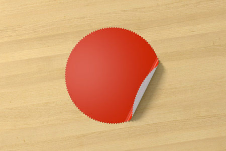 Blank star red sticker with bent edge on red background. 3d illustrationの写真素材