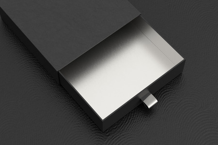 Opened empty black drawer sliding box on black background.  3d illustration の写真素材
