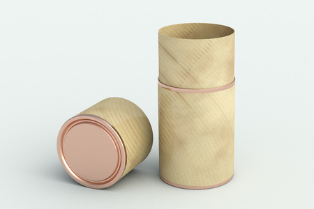 Blank opened wooden tube container packaging on white background. 3d illustrationの写真素材