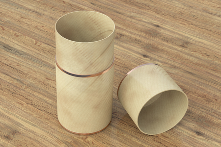 Blank opened wooden tube container packaging on wooden background. 3d illustrationの写真素材