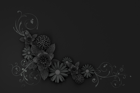 Black paper flowers cut on black background. 3d illustrationの写真素材