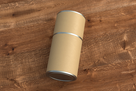 Blank closed beige leather tube container packaging lies on wooden background. 3d illustrationの写真素材