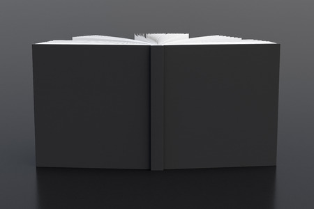 Black blank square book cover standing isolated on black background. 3d renderの写真素材