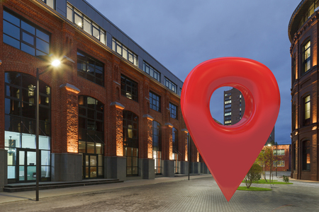 GPS pin location navigation geo tag near office building at night. 3d illustrationの写真素材