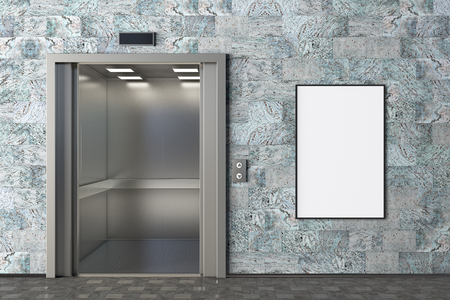 Elevator with opened doors and blank vertical poster or billboard in the modern office lobby. Include around billboard ad space. 3d renderの写真素材