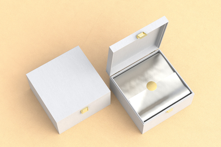 Open and closed square white gift box or casket on beige leather background. Include clipping path around box. 3d renderの写真素材