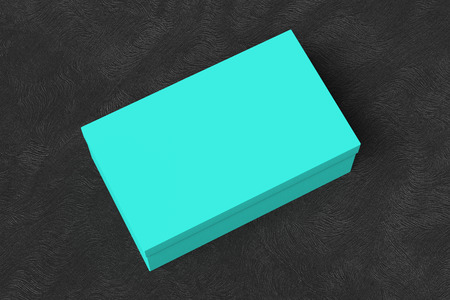 Cyan shoe box container on black background. Packaging mockup. 3d illustration