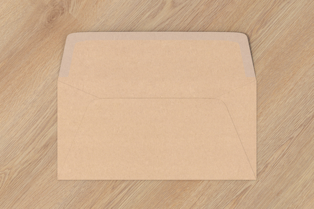 Craft paper blank open envelope on wooden background. 3d renderの写真素材