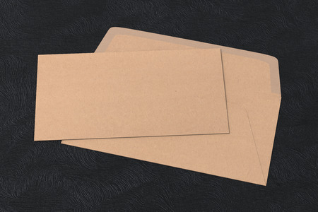 Craft paper blank closed envelope on opened envelope on black background. 3d render