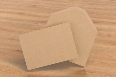 Craft paper blank opnened and closed envelopes fly over wooden background. 3d render
