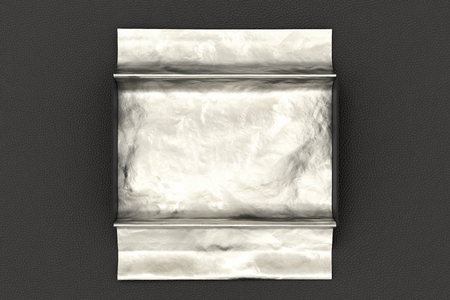 Black open gift box mockup on black background with unfolded silver wrapping paper. Box is rectangular and flat. 3d illustrationの写真素材