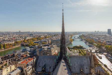 View on Paris with spire of the cathedral and the river Seine form Notre Dame cathedral. Paris, Franceの写真素材