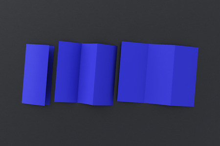 Blank blue trifold paper leaflet on black background. Six pages, three panel. 3d illustration
