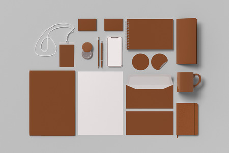 Corporate identity. Brown stationary branding set mock up on white background. 3d illustrationの写真素材