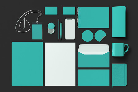 Corporate identity. Cyan stationary branding set mock up on black background. 3d illustrationの写真素材