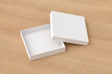 Blank white square open flat gift box mock up on wooden background.の写真素材