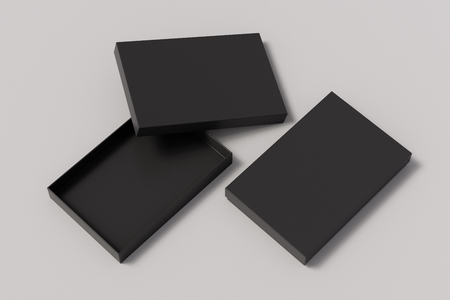 Blank open and closed black flat gift box mock up on white background.の写真素材