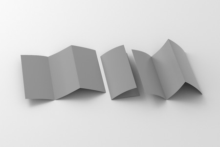 Blank gray trifold paper leaflet on white background. Six pages, three panel. 3d illustrationの写真素材
