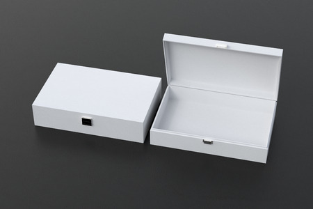 Open and closed empty white long boxes or caskets on black background. 3d illustrationの写真素材