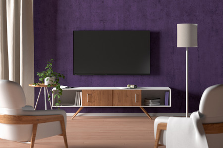TV screen on the purple wall in modern living room. 3d illustrationの写真素材