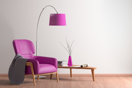 Interior of living room with cozy violet leather armchair with plaid, wooden triangular coffee table, floor lamp and the white wall. 3d illustration.の写真素材