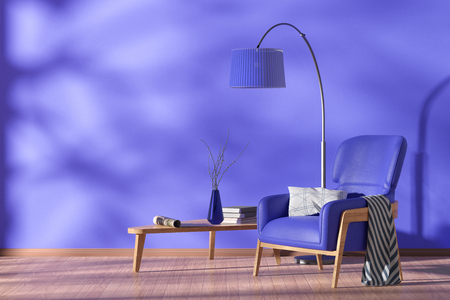 Interior of living room with cozy blue leather armchair with plaid, wooden triangular coffee table, floor lamp and the blue wall. 3d illustration.の写真素材