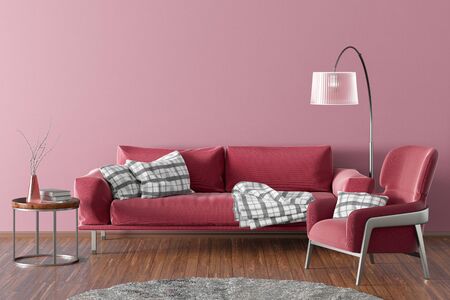 Interior of modern living room with pink wall and wooden flooring. Red fabric couch, floor lamp,...