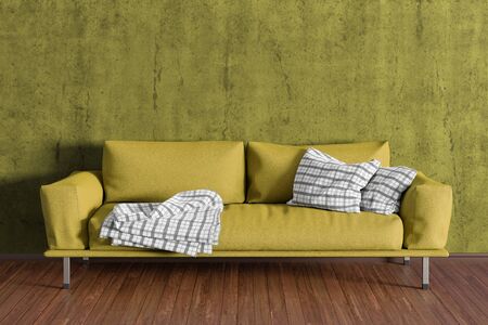Yellow leather couch in interior of living room with wooden flooring and yellow concrete wall. 3d illustrationの写真素材