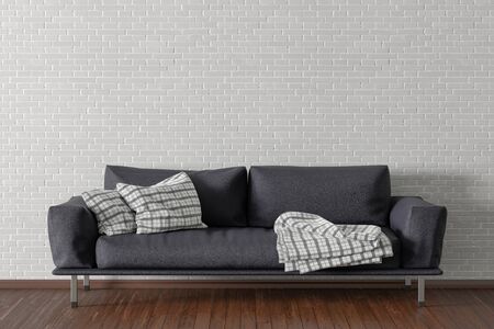 Black leather couch in interior of living room with wooden flooring and white brick wall. 3d...