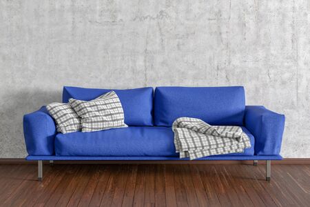 Blue leather couch in interior of living room with wooden flooring and concrete wall. 3d illustrationの写真素材