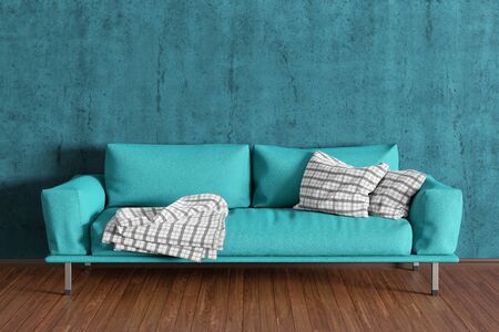 Cyan leather couch in interior of living room with wooden flooring and turquoise concrete wall. 3d illustrationの写真素材