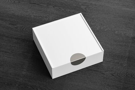 White square box with sliding lid on black wooden background. 3d illustration