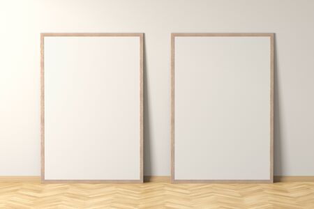 Two blank interior posters mock up with wooden frame in interior of living room. 3D illustration.