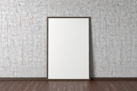 Blank interior poster mock up with wooden frame in concrete interior of living room. 3D...