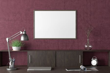 Workspace with horizontal poster mock up on purple wall. Desk with drawers in interior of the studio...