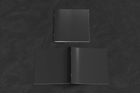 Black square brochure or booklet cover mock up on black background. Closed one brochure and upside down other. Clipping path around brochure. Front view. 3d illustratuionの写真素材