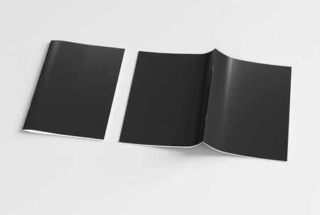 Black vertical brochure or booklet cover mock up on white. Closed one brochure and upside down other. Clipping path around brochure. 3d illustratuionの写真素材