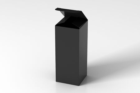 Blank black tall and slim gift box with opened hinged flap lid on white background.の写真素材