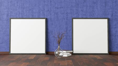 Two blank square posters. frame mock up standing on dark parquet floor next to blue wall with vase...