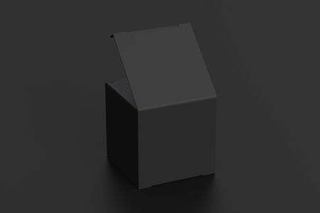 Blank black cube gift box with opened hinged flap lid on black background.