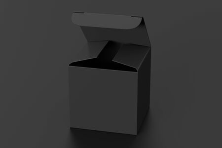 Blank black cube gift box with opened hinged flap lid on black background. 3d illustration