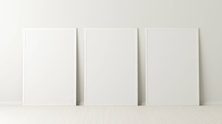 Three vertical posters. frame mock up standing on white floor next to white wall. 3d illustration