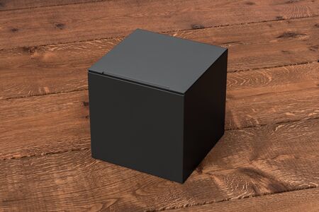Blank black cube gift box with closed hinged flap lid on dark wooden background. 3d illustration