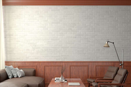Blank white brick wall mockup in classic style interior of modern living room. 3d illustration