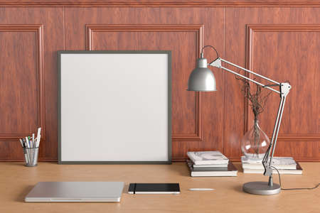 Square poster frame mockup on the wooden table of home studio workspace with classic style...