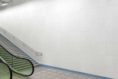 Blank wall mock up underground with escalator and stairs. 3d render.