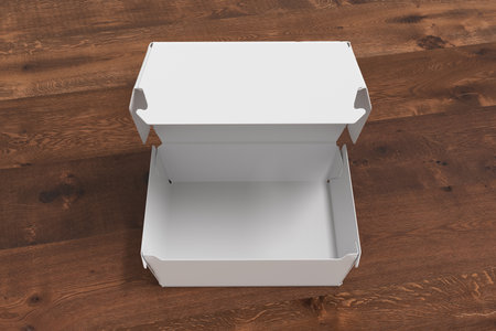 A opened white food box mock up, packaging for hamburger, lunch, fast food, burger and sandwich on...