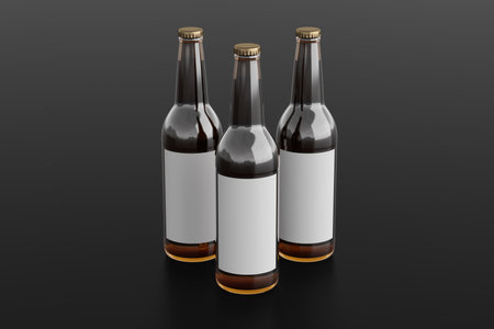 Three beer bottles 500ml mock up with blank label on black background. Side view. 3d illustrationの写真素材