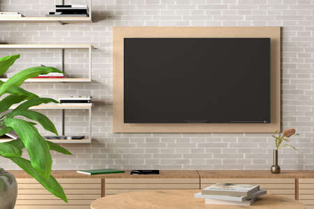 Blank TV screen mock up on the white brick wall of modern living room. 3d illustration