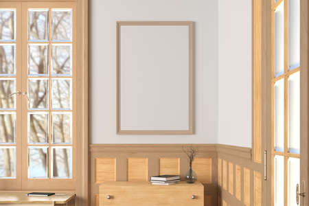 Vertical blank poster mock up on white wall in interior of traditional style living room. 3d...